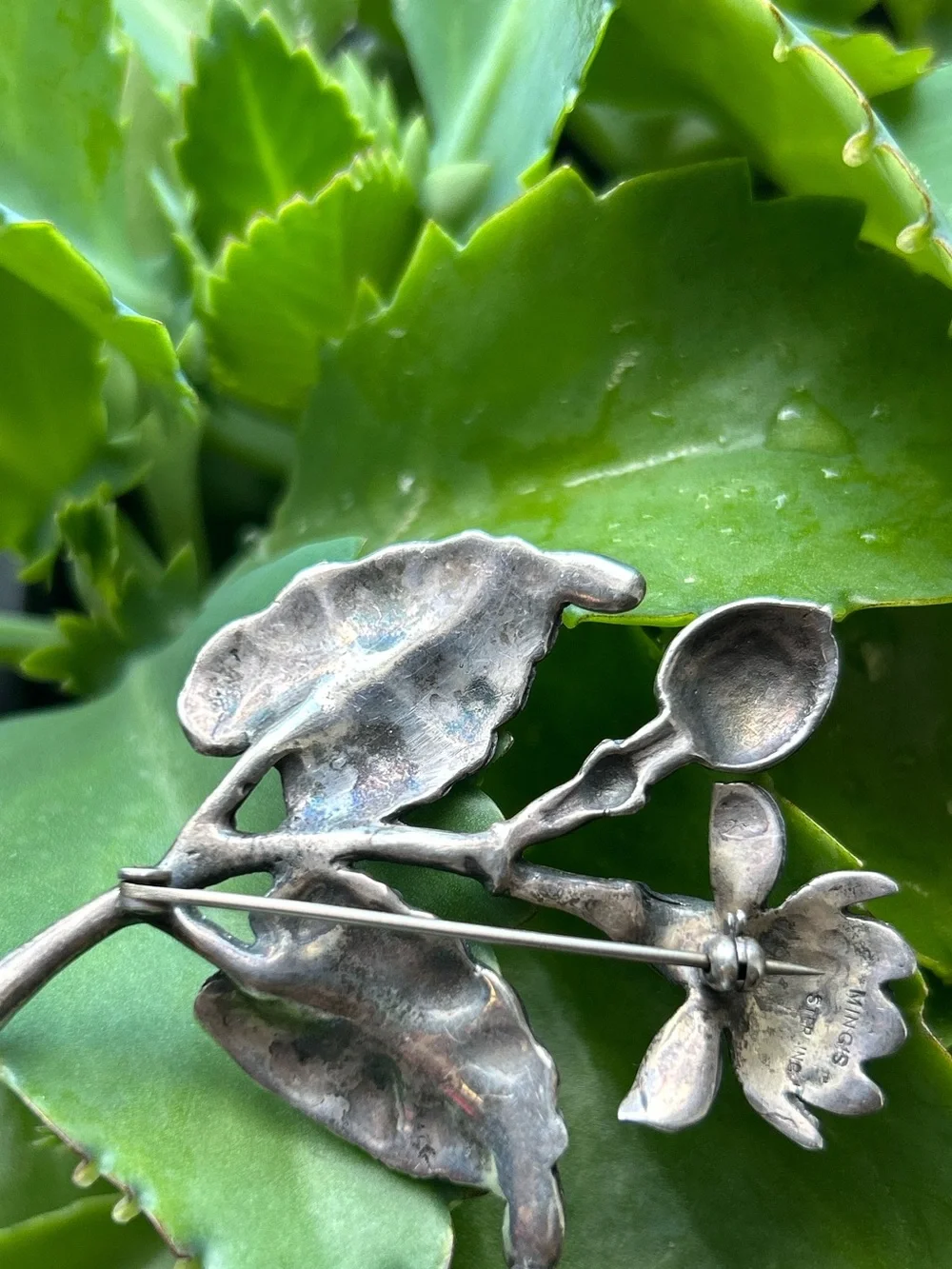 Vintage sterling silver Honolulu Ming’s Pikake flower leave brooch pin Rare